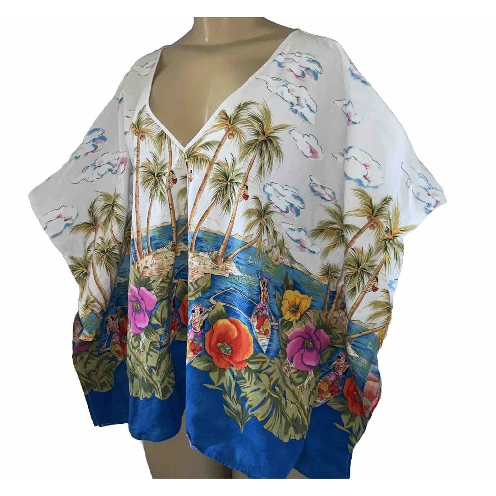 Vintage Michael Miller Island Scene Swim Cover Up‎ Shirt Womens XL Oversized